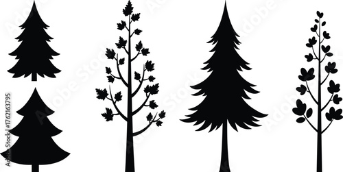 Set of pine and deciduous tree silhouettes, black forest vector collection, natural tree shapes for design, decoration, and illustration
