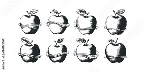 Eight Hand Drawn Apple Icons with Swirling Ribbon
