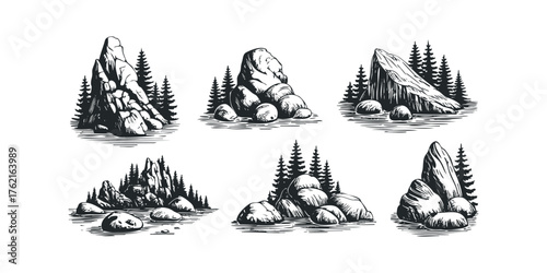 Collection of hand drawn rocky landscapes with pine trees