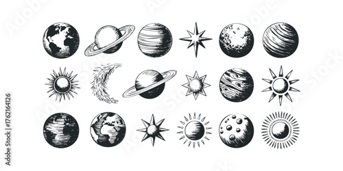 Collection of Hand Drawn Celestial Bodies and Cosmic Elements