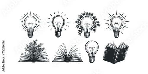 Collection of sketched light bulbs and open books