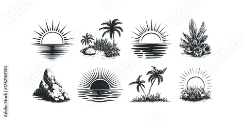 Set of graphic emblems with sun setting over water and tropical plants