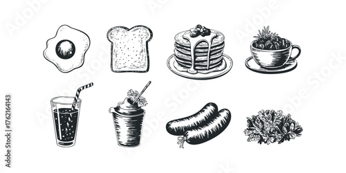 Breakfast Spread Drawing Featuring Fried Egg, Toast, Pancakes, and Sausages