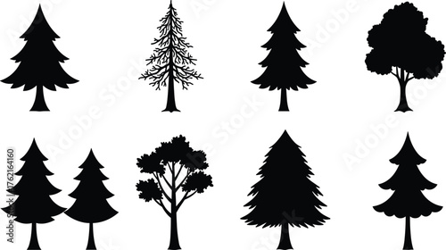 Set of black tree silhouettes, pine and deciduous trees, forest elements, vector illustration for design, nature background, eco concept, graphic art