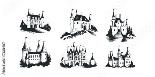 Six castle sketches in black ink on white background