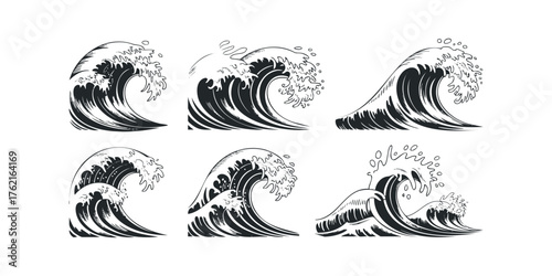 Six Stylized Black and White Ocean Wave Designs