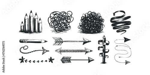 Hand drawn collection of doodle arrows and pencils