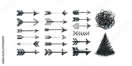 Collection of Hand Drawn Arrow Icons and Forest Silhouette