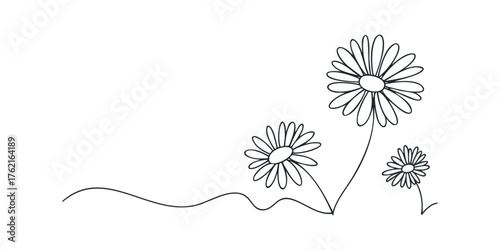 Simple outline drawing of daisy flowers on wavy line