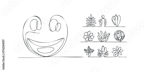 Line art of happy face and botanical forms
