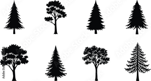 Collection of black tree silhouettes, pine trees, deciduous trees, vector forest illustration, nature design elements, isolated shapes for graphic art, eco background