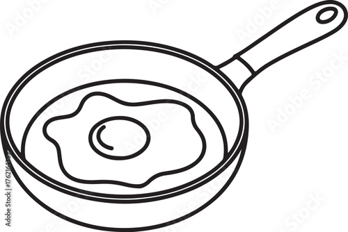 Frying Pan with Scrambled Egg line art, coloring book page line art drawing, vector and illustration