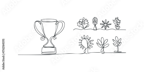 Continuous line drawing of trophy and stylized plants
