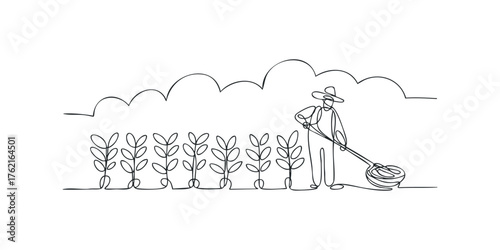 Farmer tending to crops with hoe under stylized clouds