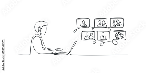 Person working on laptop connects to multiple screens showing people and plants