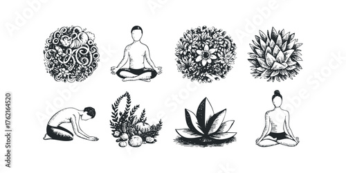 Meditating figure with floral and fruit motifs