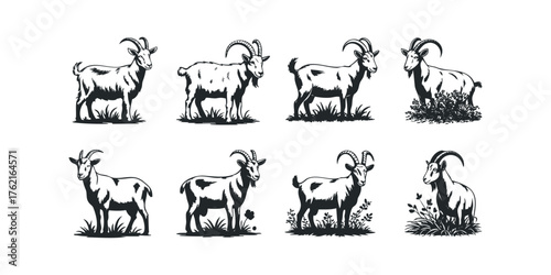 Collection of stylized goat icons in various poses