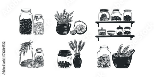 Hand-drawn collection of food items in jars and vase