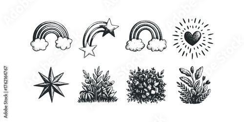 Collection of Doodle Icons Including Rainbows, Stars, Heart, and Botanicals