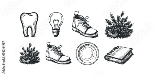 Collection of sketched objects including tooth, lightbulb, boots, wheat, and notebook