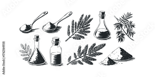 Herbal ingredients and laboratory glassware in vintage sketch style