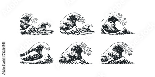 Six black and white ink brush style wave drawings