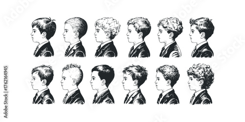 Collection of boy profiles displaying varied hairstyles and formal attire