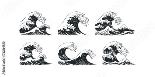 Set of Stylized Ocean Waves and Mountain Peak