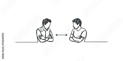 Two men standing apart with crossed arms
