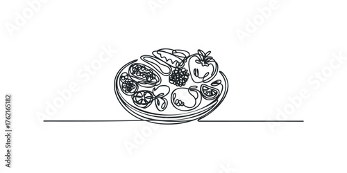 Plate of Fresh Fruit and Vegetables Line Drawing