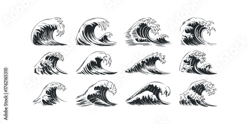 Collection of twelve detailed line drawings of powerful ocean waves