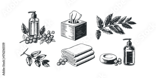 Set of toiletries and botanical elements