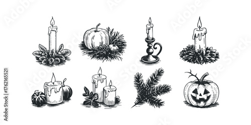 Set of Halloween pumpkin and candle drawings with foliage