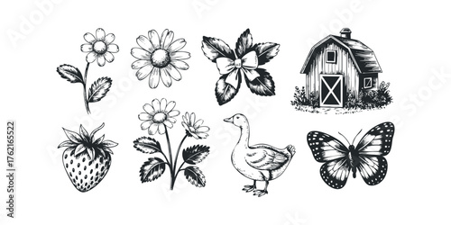 Farmstead and Nature Elements in Linocut Style