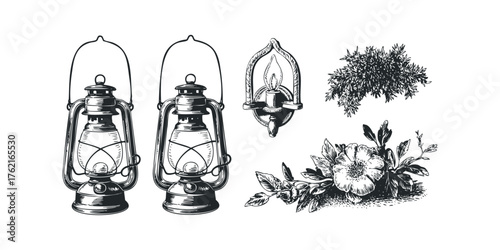 Vintage Oil Lamps and Floral Sprigs