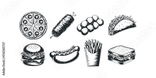 Black and white sketch of various fast food items