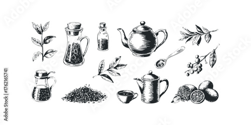 Line art collection of tea, leaves, fruits and teaware