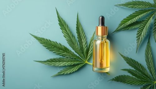 Top View Of Laboratory Production Of Cosmetics With Cbd Oil, Thc Tincture, Cannabis Leafs On Pastel Background, Glass Bottle, Dropper.