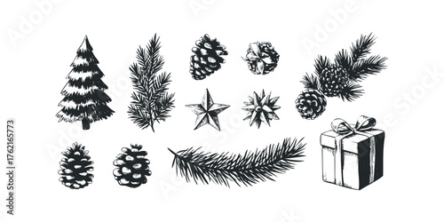Hand Drawn Holiday Elements Collection Tree Cones Star Gift