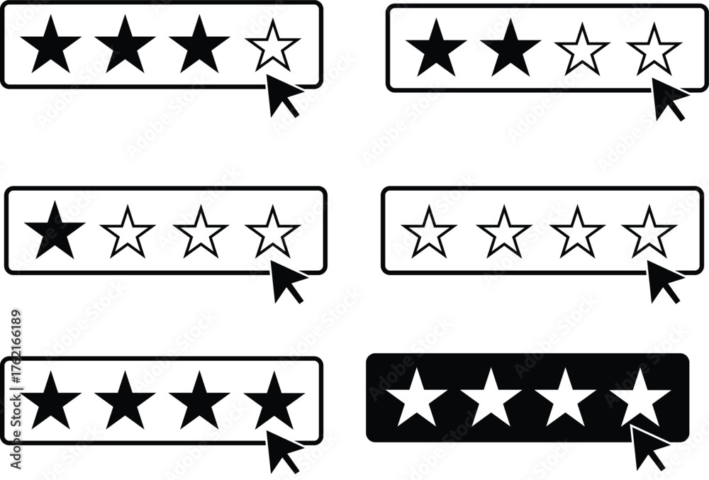 Naklejka premium Five Star Rating System with Cursor Selection – Vector Icons for Reviews and Feedback