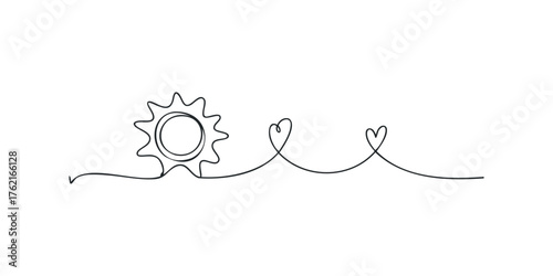Single line drawing of sun and hearts