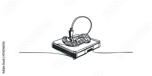 Single line drawing of a coiled cord connected to a device