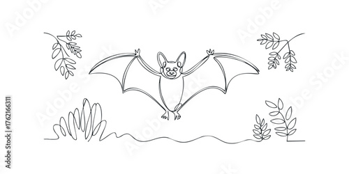 Single line drawing of a bat with outstretched wings