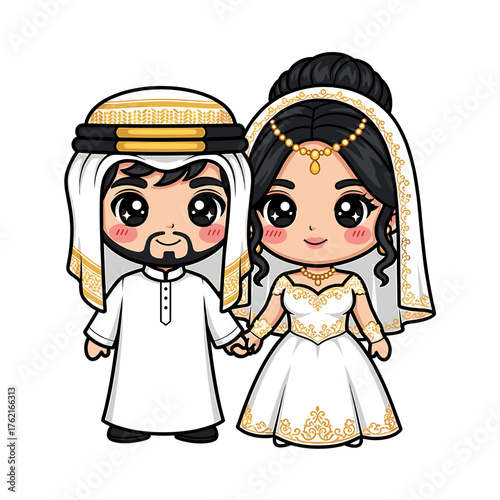 Cartoon depiction of a smiling Arab couple holding hands, dressed for a wedding.