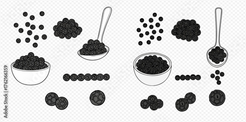 Illustration of black peppercorns in various arrangements, including a bowl, spoon, and scattered piles.