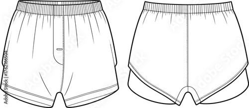 Athletic shorts technical fashion sketch, elastic waistband, curved hem, front and back view, running wear design, CAD drawing flat vector illustration