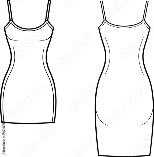 Bodycon dress fashion sketch, sleeveless fitted silhouette with spaghetti straps, short and long hem variation, cad drawing flat vector illustration