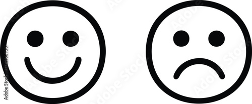 Smiley and Sad Face Emoticons – Black and White Vector Icons for Feedback and Emotions