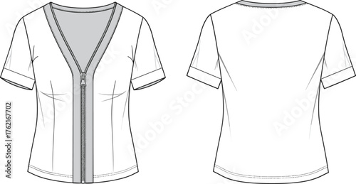 Cad drawing flat vector illustration, technical sketch of short sleeve women’s top, fashion design template, garment construction, zipper front blouseCad drawing flat vector illustration, 