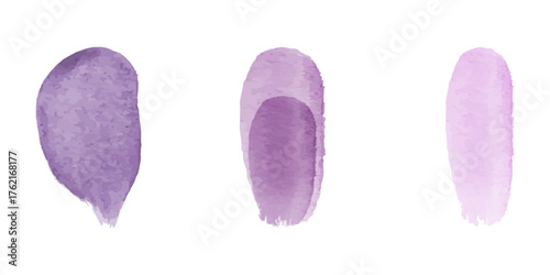 Three watercolor brush strokes of varying purple hues are displayed against a white background. The strokes are depicted in a simple and elegant style.